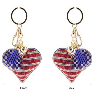 US Flag Heart Double Sided Rhinestones Keychain Charm for Purse and Backpack